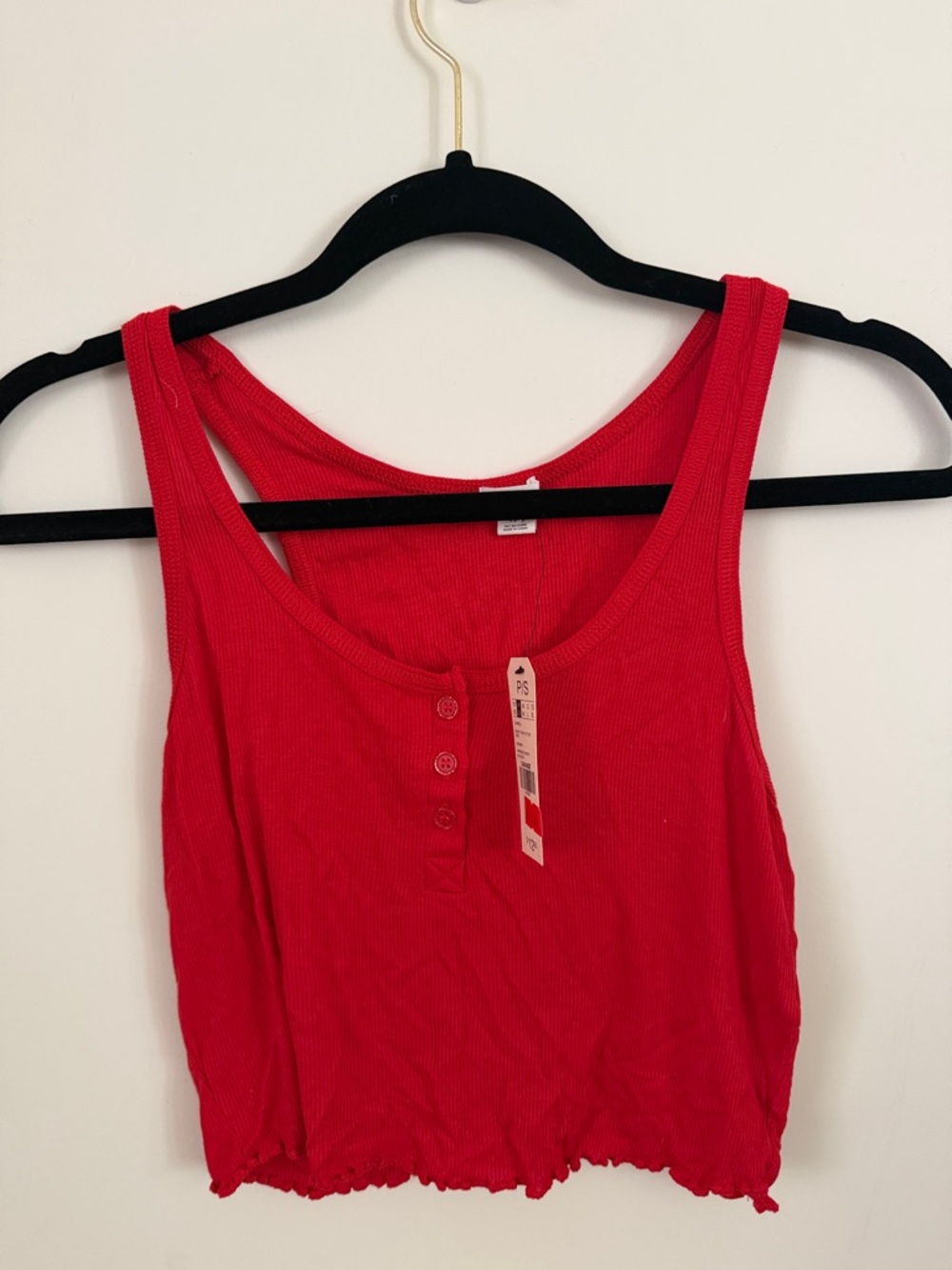 Garage Red Ribbed Cropped Tank with Button Placket